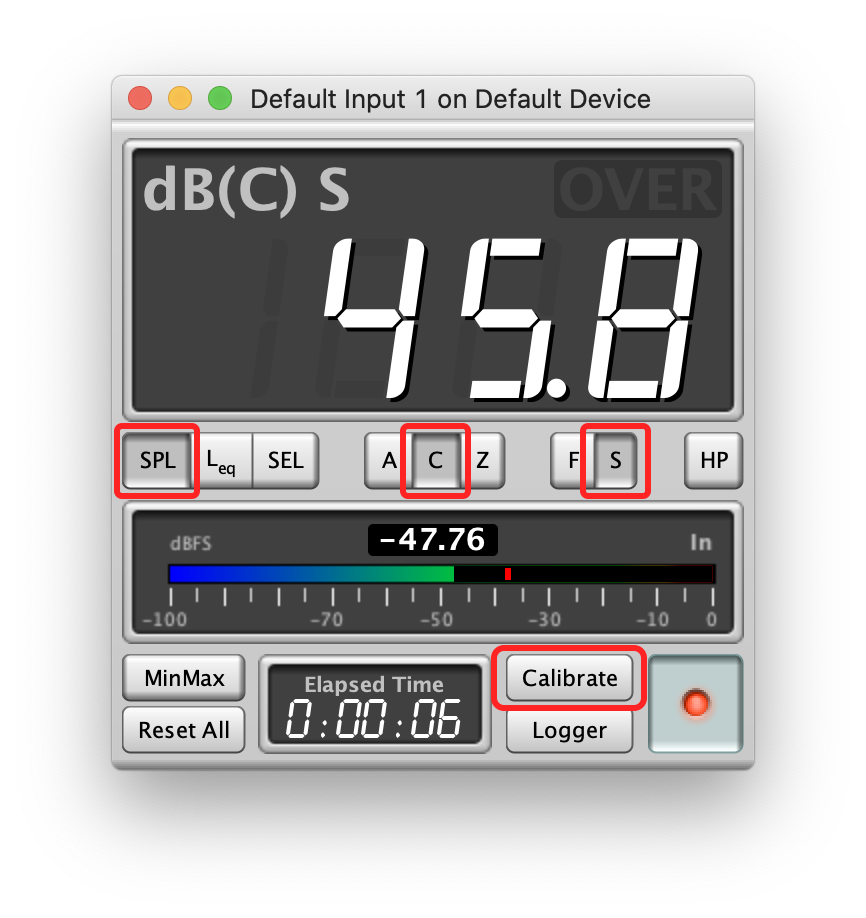 SPL、C、Sのボタンを押してCalibrateボタンを押す